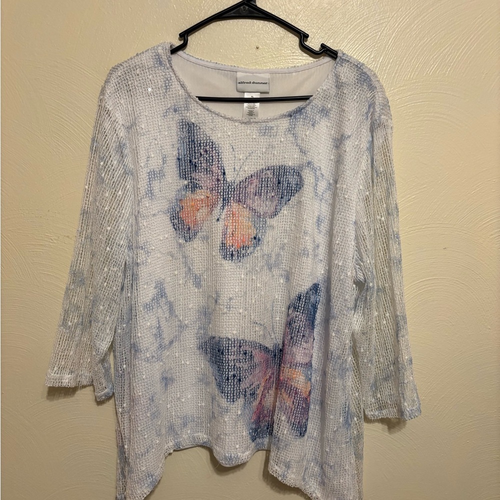 Alfred Dunner Sequin Butterfly Blouse - White and Blue
